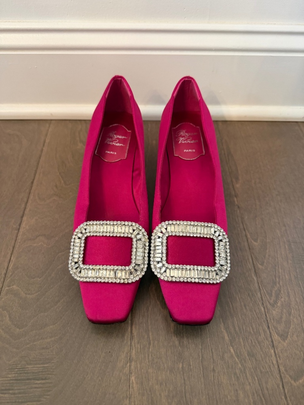 Roger Vivier Hot Pink Satin Crystal Buckle Pumps Heels